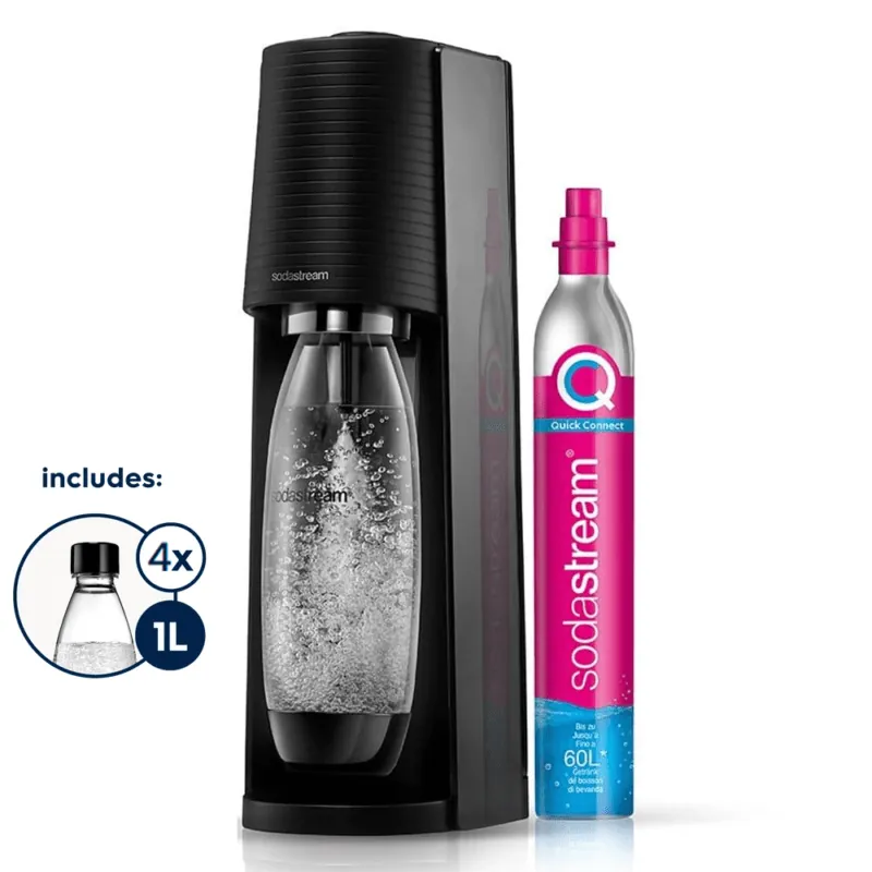 OFFER: Value Pack + Twin Pack SodaStream Terra Fizzy Drink Maker, Black, Includes 4x 1L Bottles (Worth: €119.90)