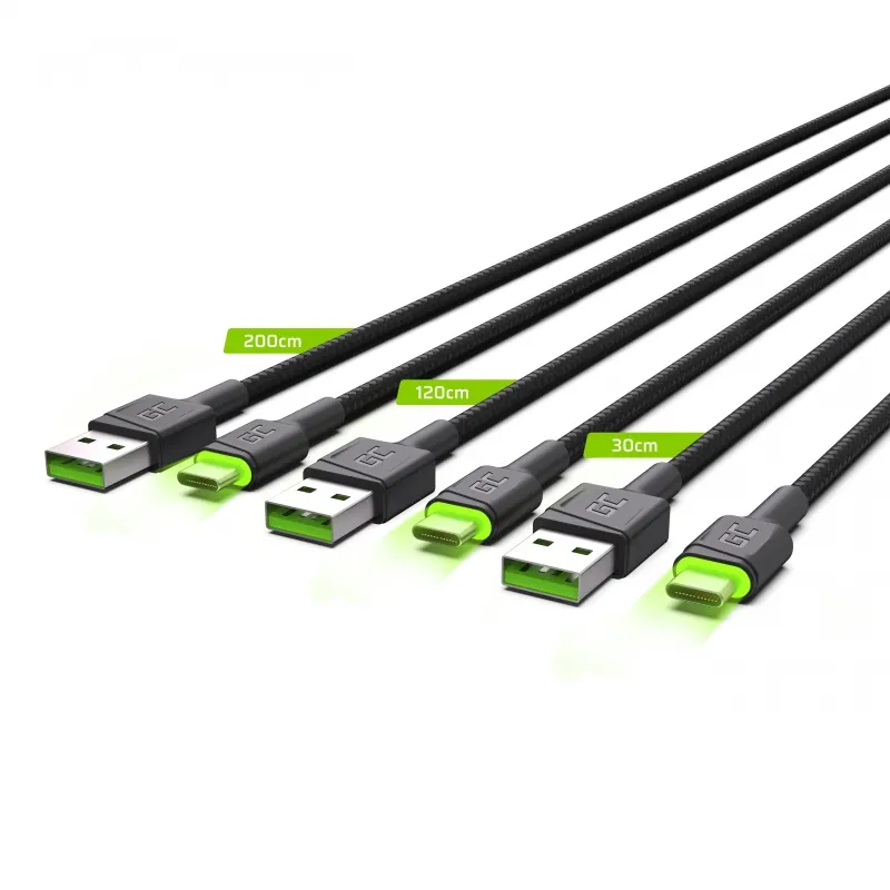 Green Cell Set 3x Cable USB – Type-C 30cm, 120cm, 200cm
